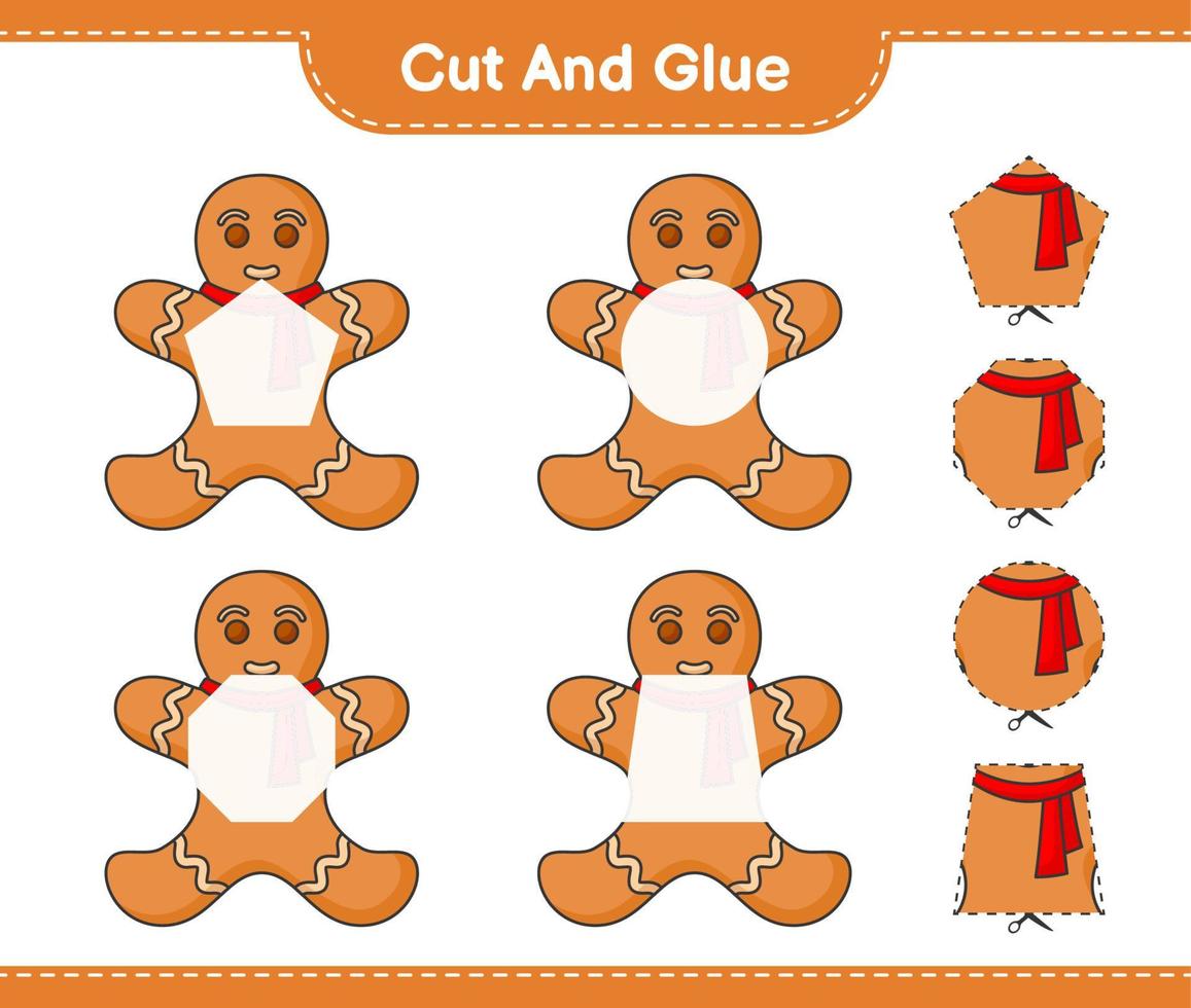 Cut and glue, cut parts of Gingerbread Man and glue them. Educational children game, printable worksheet, vector illustration