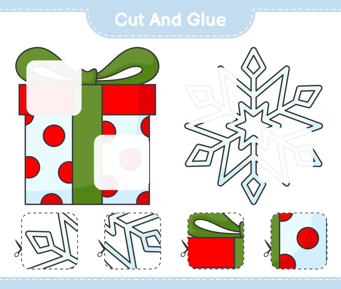 corte y pegue, corte partes de copos de nieve, cajas de regalo y péguelas. juego educativo para niños, hoja de cálculo imprimible, ilustración vectorial vector