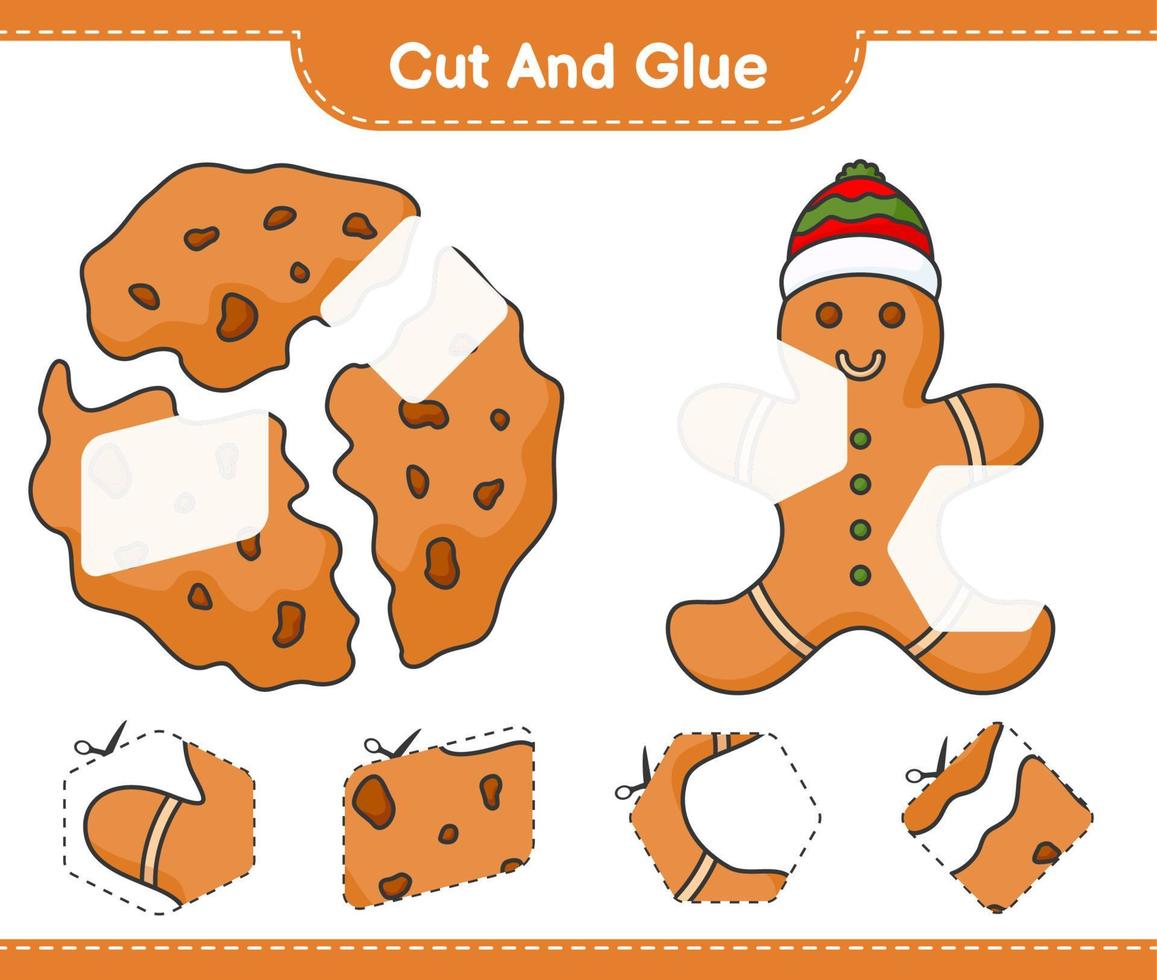Cut and glue, cut parts of Gingerbread, Cookies and glue them. Educational children game, printable worksheet, vector illustration