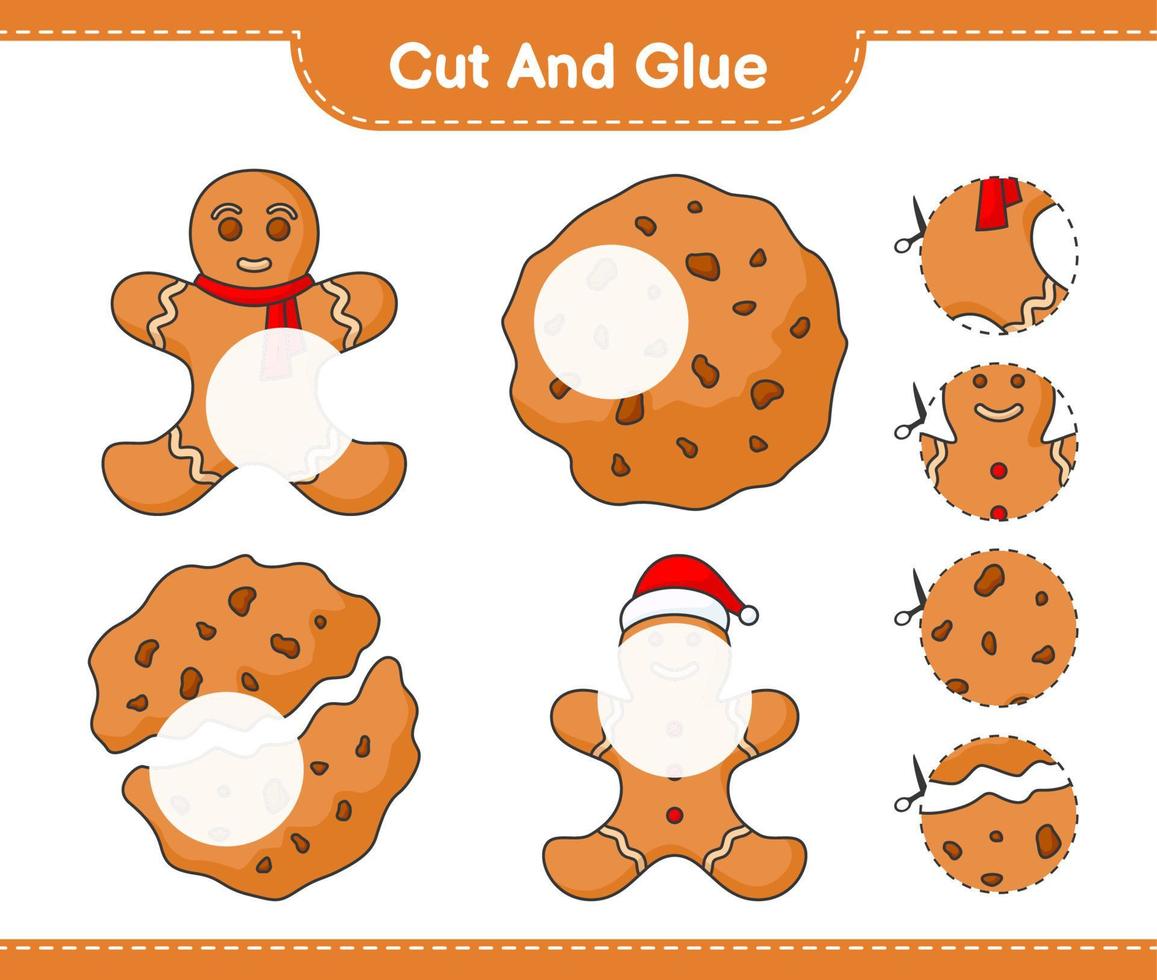 Cut and glue, cut parts of Cookies, Gingerbread Man and glue them. Educational children game, printable worksheet, vector illustration