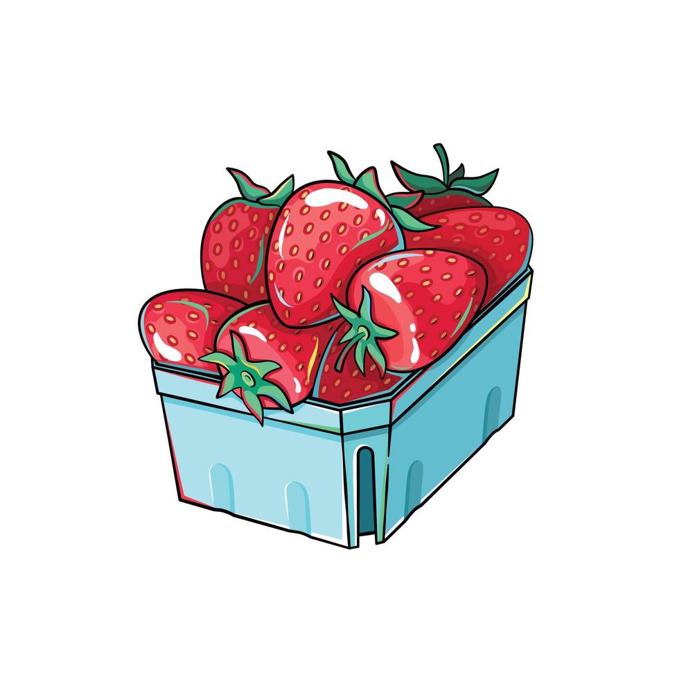 caja de cartón de fresas, ilustración de bayas de estilo de dibujos animados vector