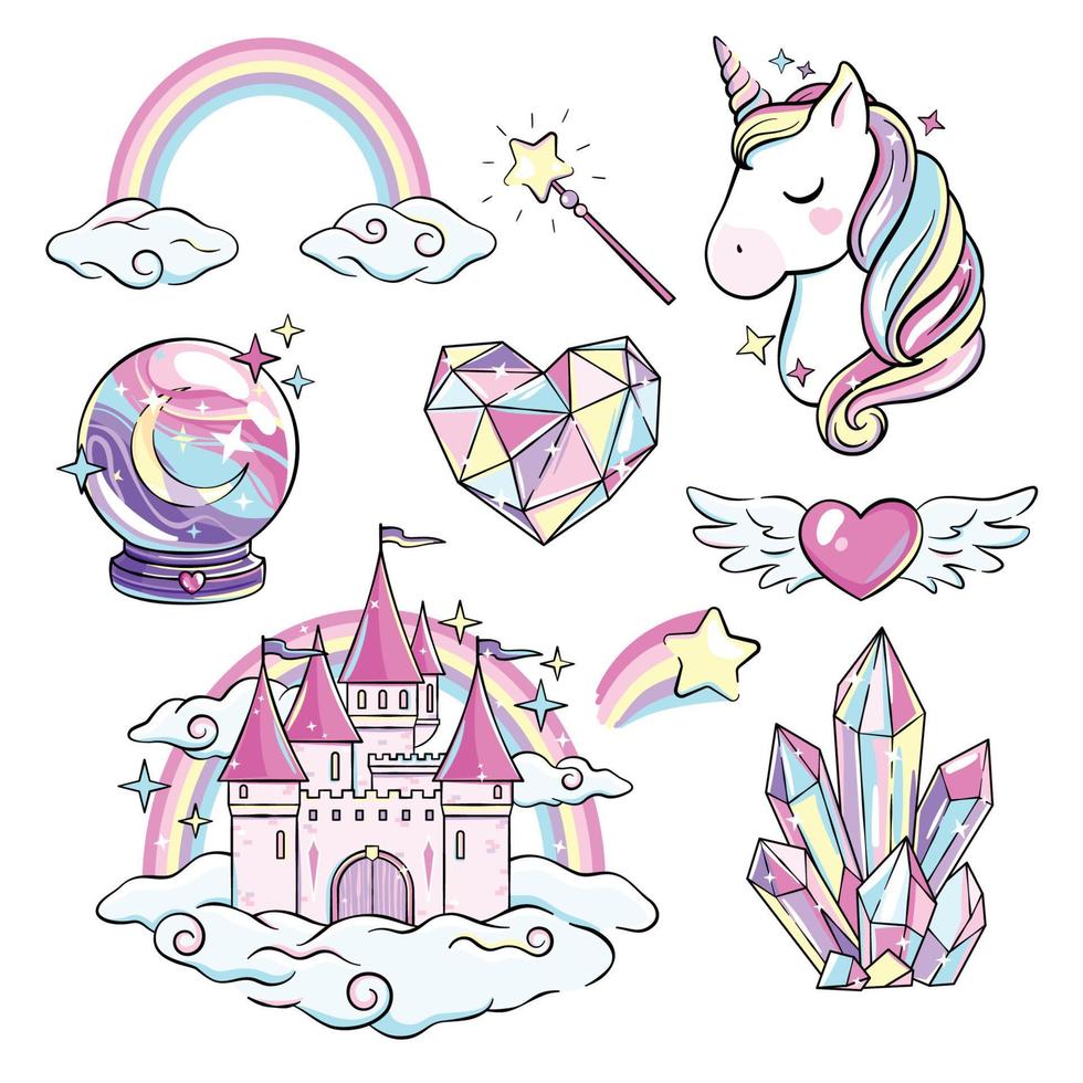 conjunto de arco iris, fantasía, objetos mágicos de cristal, castillo, dibujo vectorial de unicornio vector
