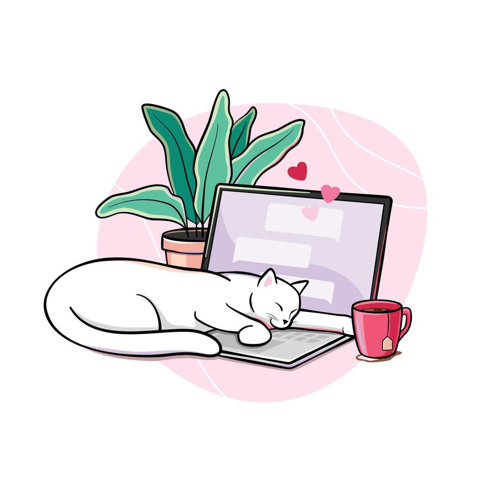 gato blanco durmiendo en un teclado portátil con una maceta y una taza de té cerca, mensajes de amor en la pantalla vector