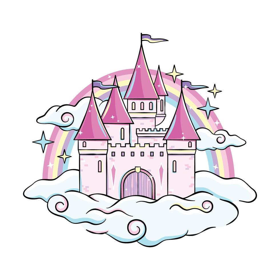 Magic sparkling castle on clouds with rainbow behind it vector