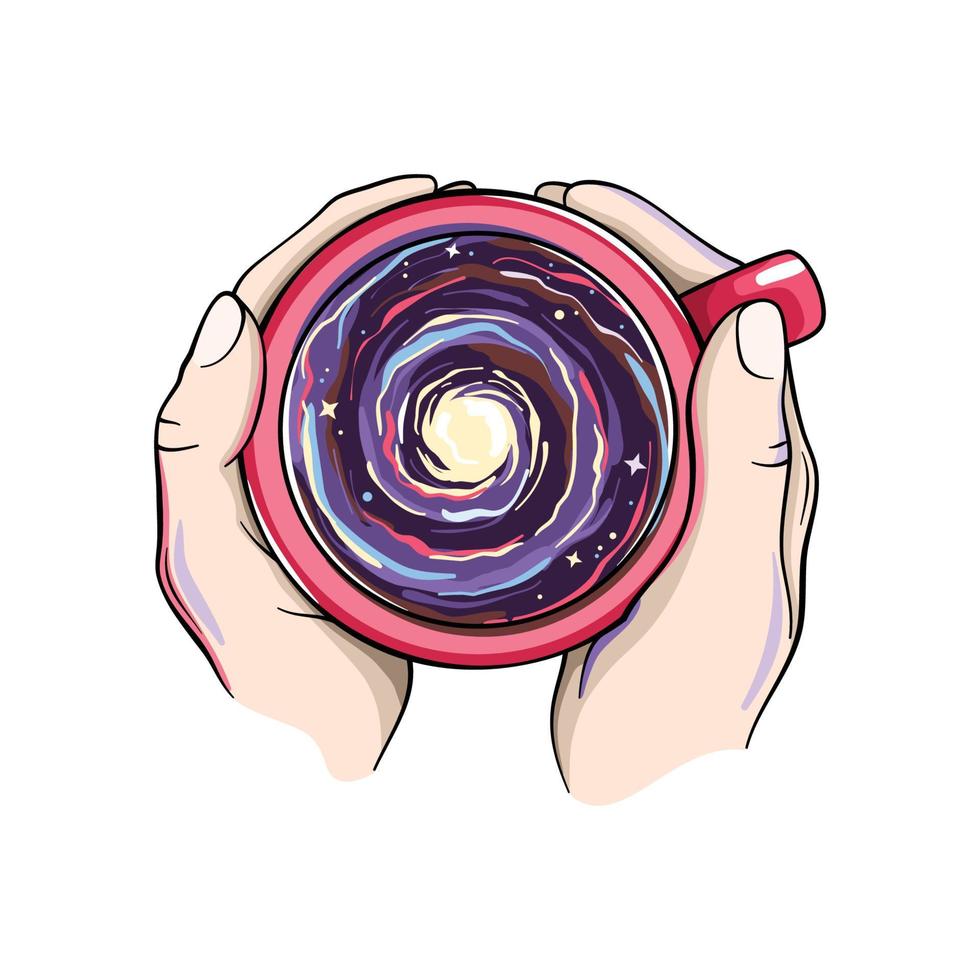 Hands holding a red coffee cup with space galaxy in it, magic fantasy vector drawing, illustration