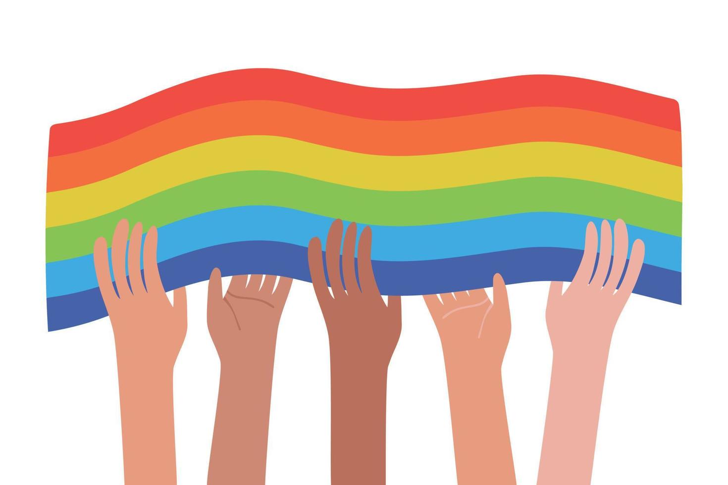 Hands and rainbow Pride flag. Variety of hands. LGBT concept. Hand-drawn Homosexual people. Equality and love protection. vector