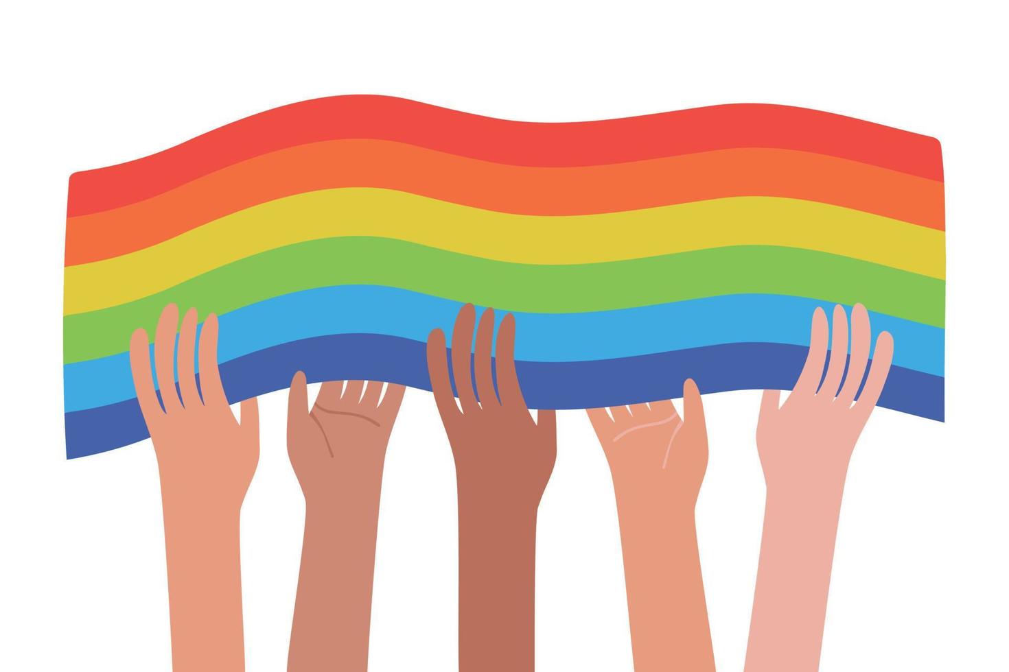 manos y bandera del orgullo del arco iris. variedad de manos. concepto lgbt. personas homosexuales dibujadas a mano. protección de la igualdad y el amor. vector