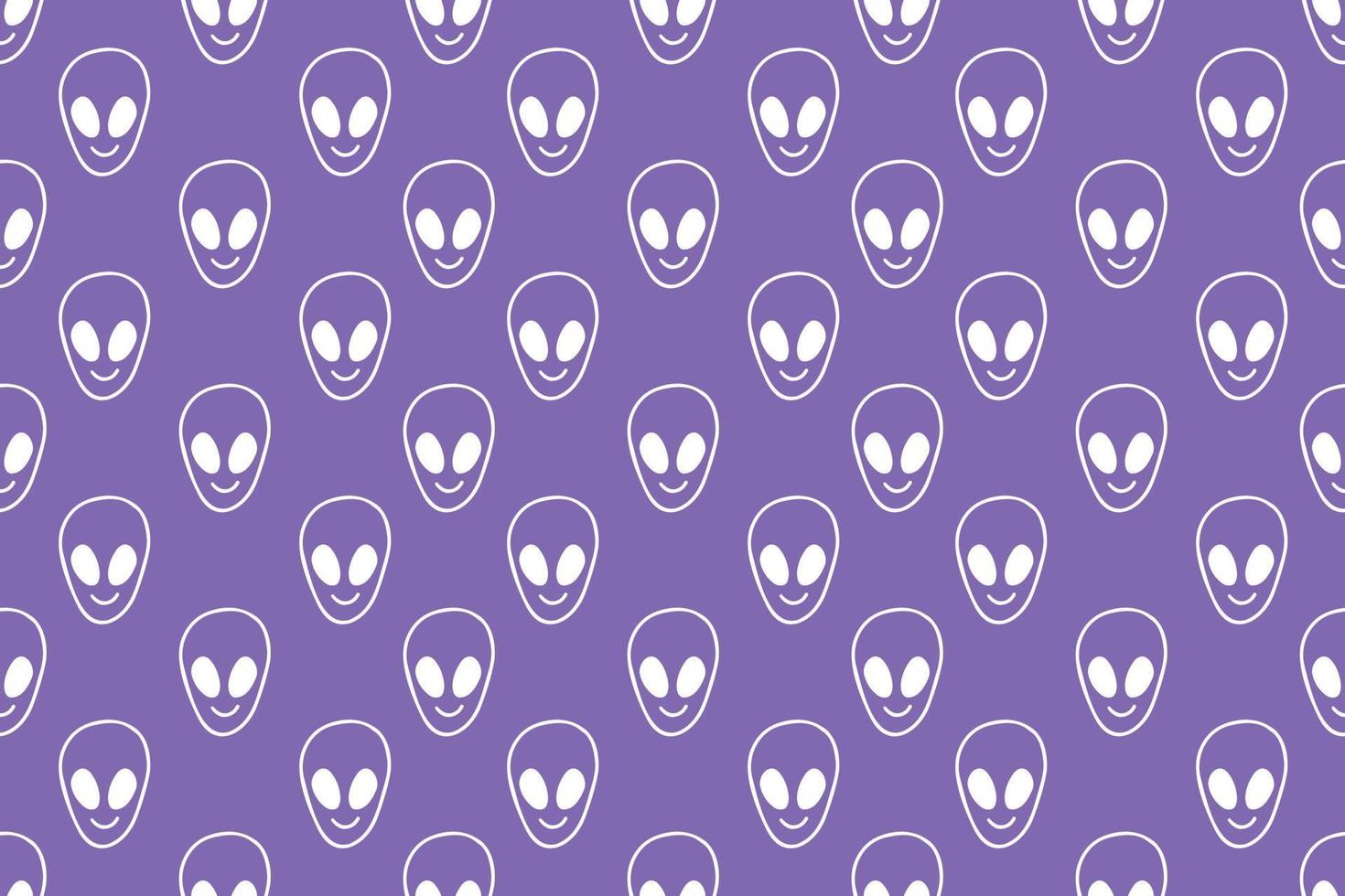 Children's seamless background with alien ufo faces. Sci-fi pattern on a purple background. Hand-drawn doodle style. Alien pattern, a children's pattern in the style of a hand-drawn doodle. vector