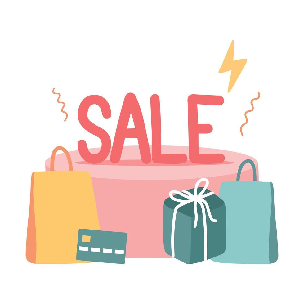 Great banner design for discount sale with credit card, shopping bag and gift design elements. vector