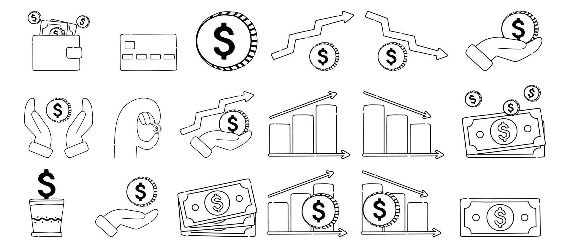 dinero, finanzas, colección de iconos de contornos bancarios. los iconos de la línea de dinero son un conjunto de ilustraciones vectoriales. monedas, billetera, subida y bajada. vector