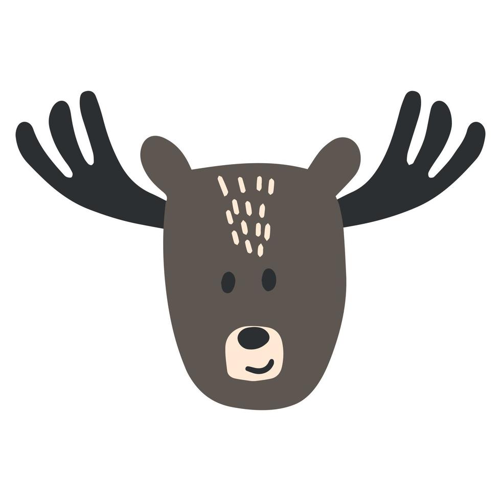 Hand drawn vector illustration of a cute funny moose head. Isolated objects on white background. Scandinavian style flat design. Concept children print. Woodland animal.