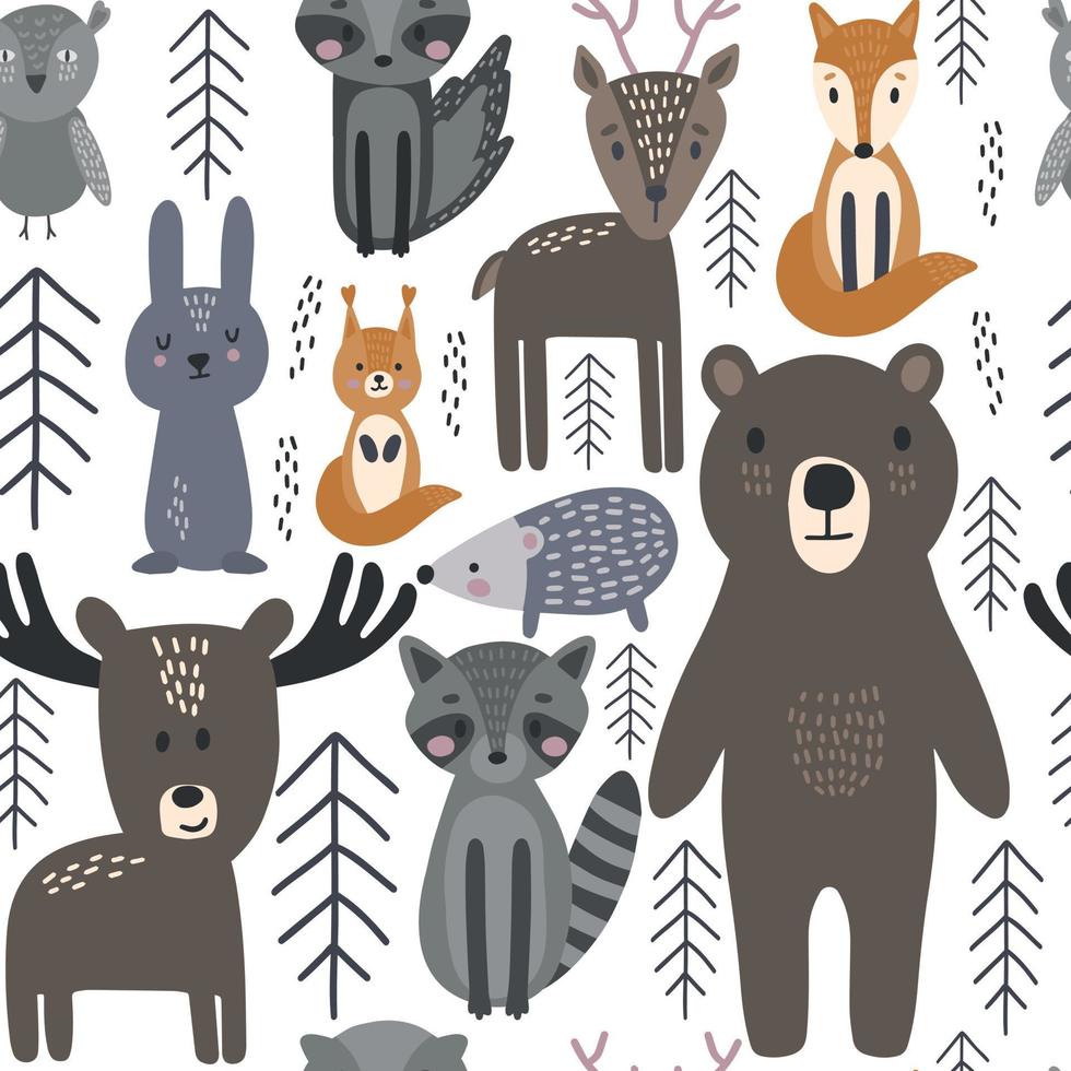 Scandinavian animals seamless pattern. Hand drawn cute creatures of wild nature for wallpapers or posters, vector illustration in nordic design