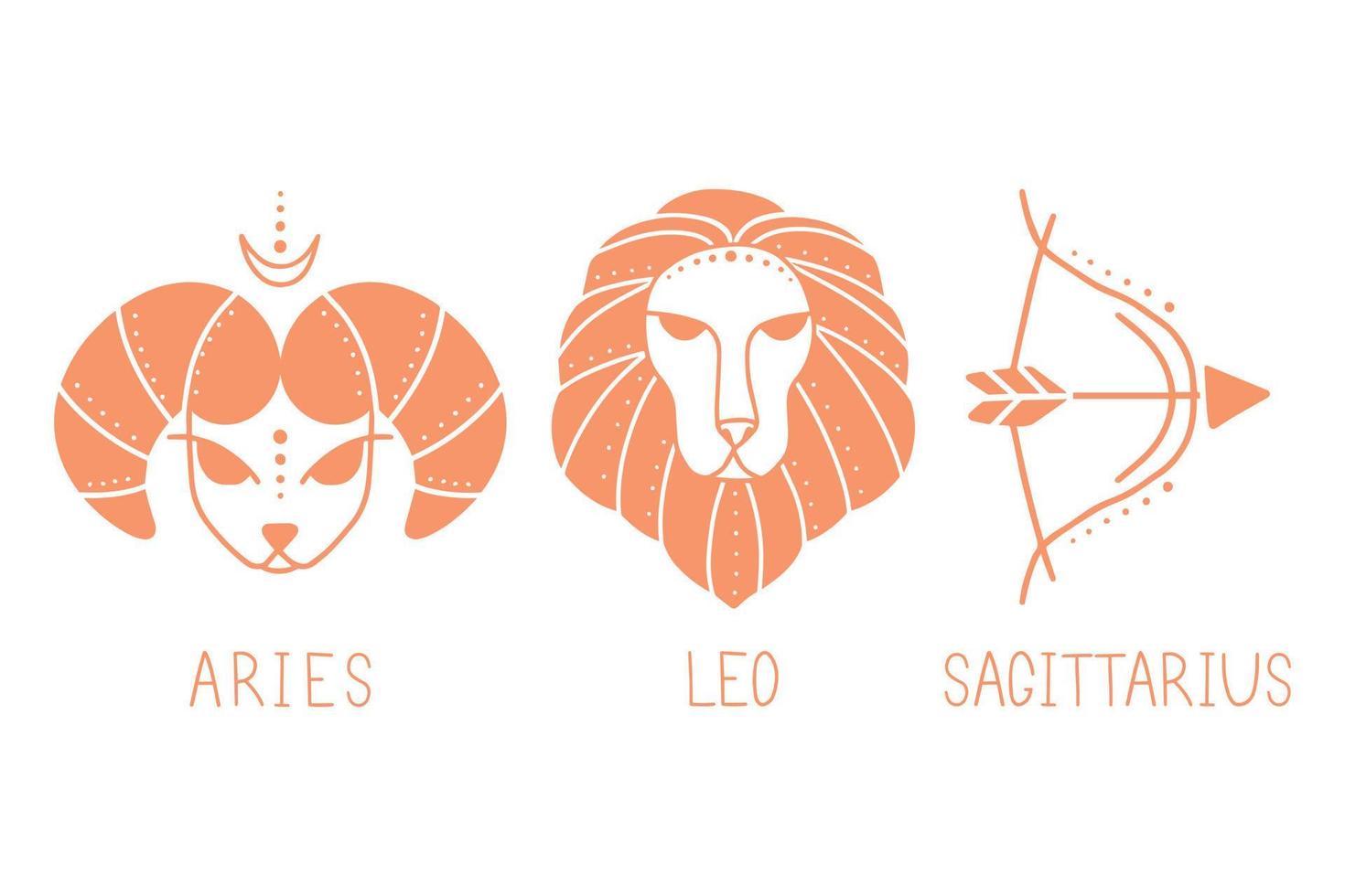 Vector set of fire zodiac signs. Symbols 3 signs with inscriptions. Aries, Leo and Sagittarius. Vector images of zodiac signs for astrology and horoscopes.