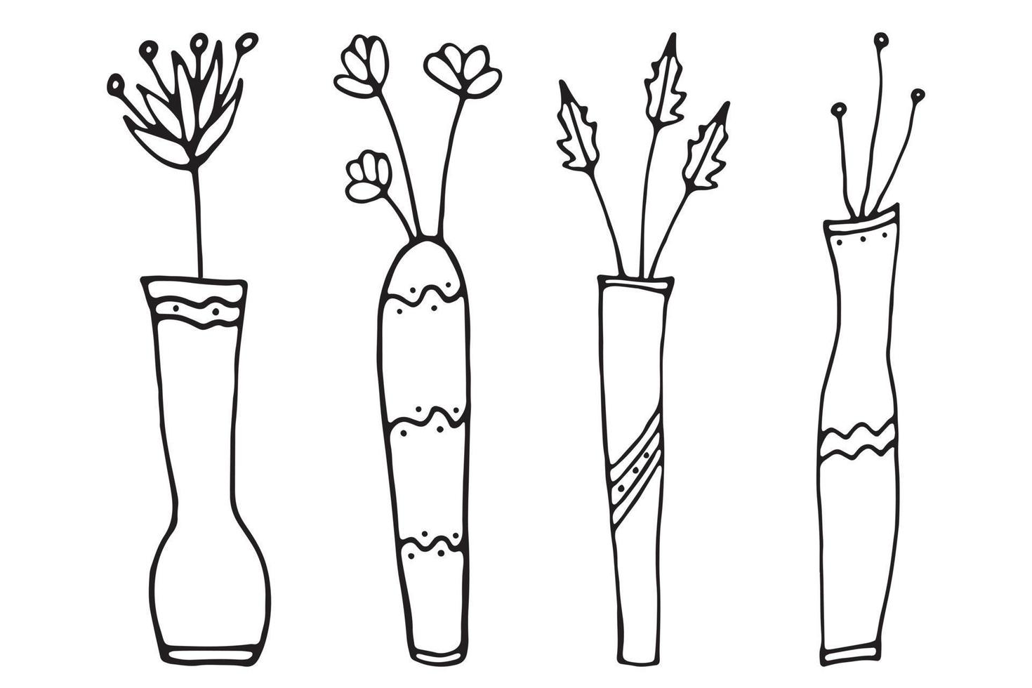 Potted flowers are drawn with a black line on a white background. Vector doodles.