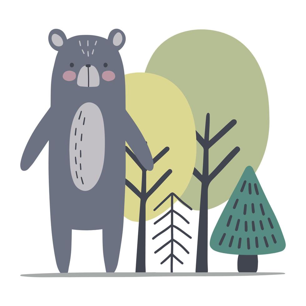 ilustración vectorial dibujada a mano de un lindo oso divertido en el bosque. objetos aislados sobre fondo blanco. diseño de estilo escandinavo. impresión de vivero de concepto. vector