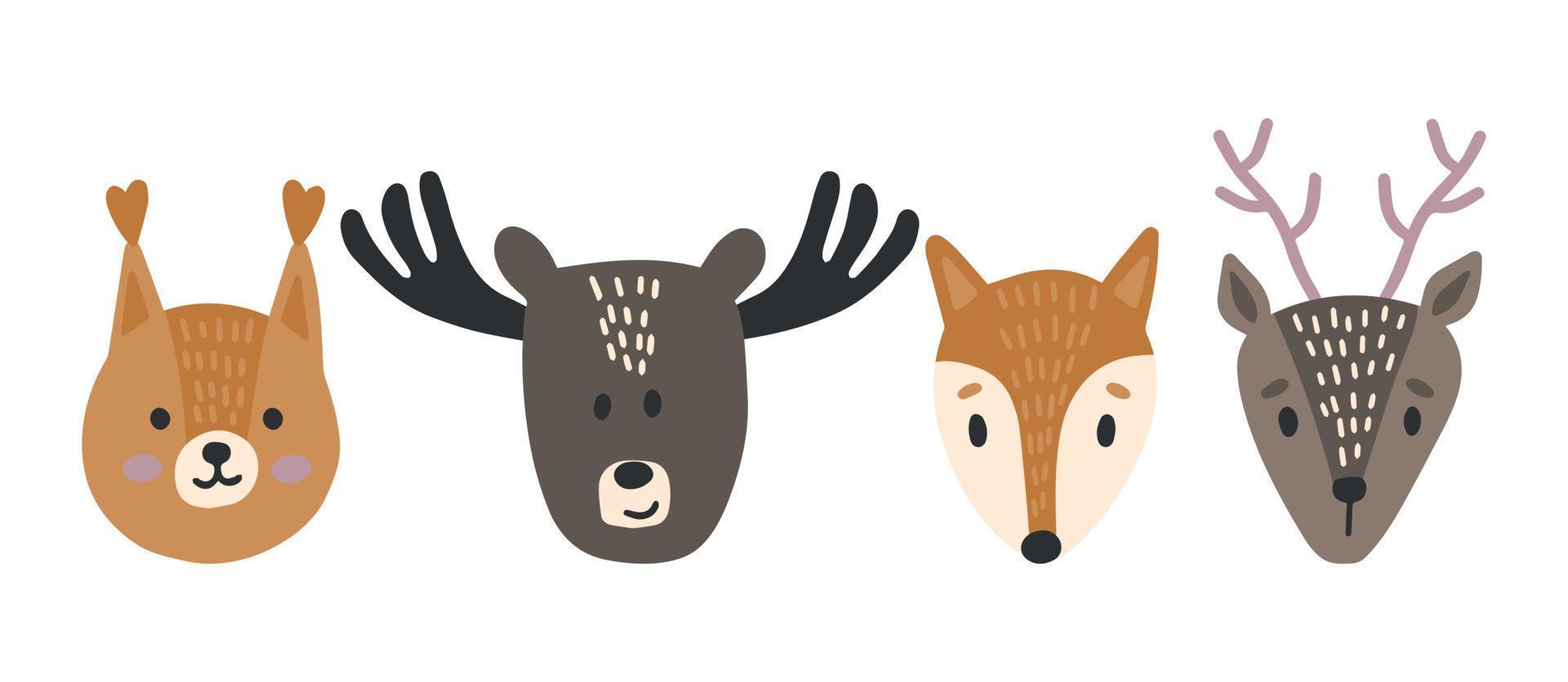 Cute vector print in Scandinavian style. Hand-drawn vector illustration for posters, postcards, T-shirts. Fox, squirrel, moose, deer.