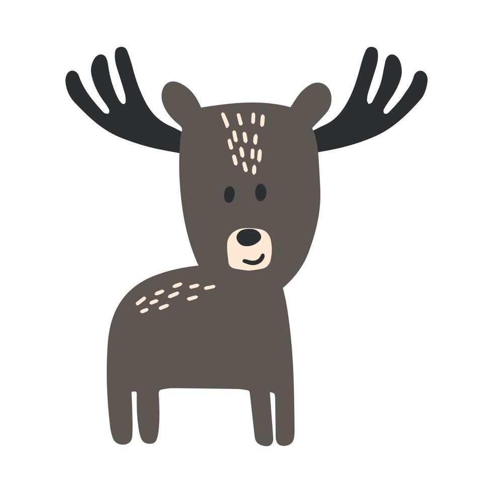 Hand drawn vector illustration of a cute funny moose. Isolated objects on white background. Scandinavian style flat design. Concept children print. Woodland animal.