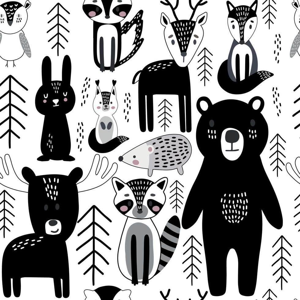 Scandinavian animals seamless pattern. Hand drawn cute creatures of wild nature for wallpapers or posters, vector illustration in nordic design