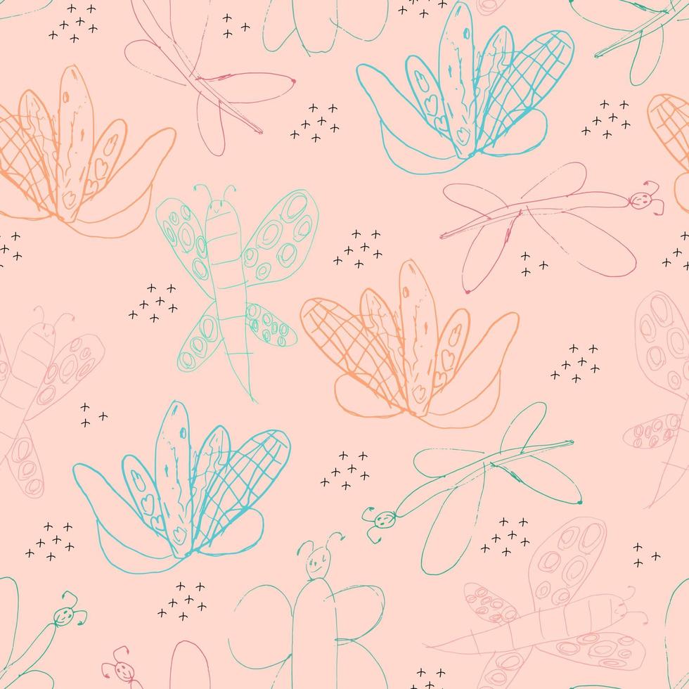 children's drawing butterflies fly in the meadow flowers vector seamless pattern