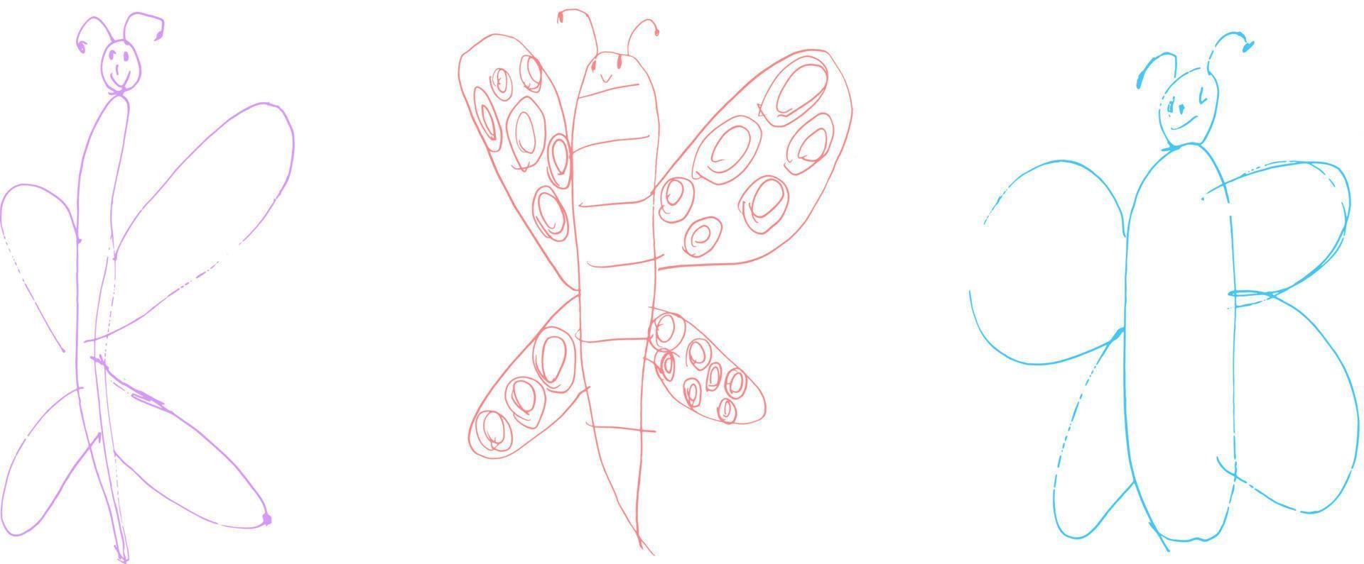 conjunto de dibujo infantil mariposas volar vector dibujo a mano