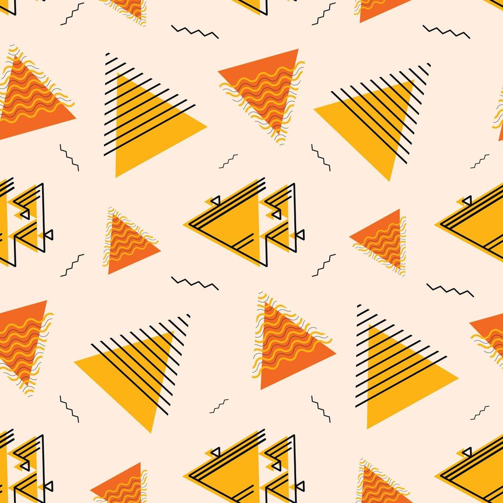 patrón transparente de vector con formas geométricas modernas. triángulos, motas y líneas rizadas. Tendencia y fondo actual o fondo de pantalla en tonos naranjas.