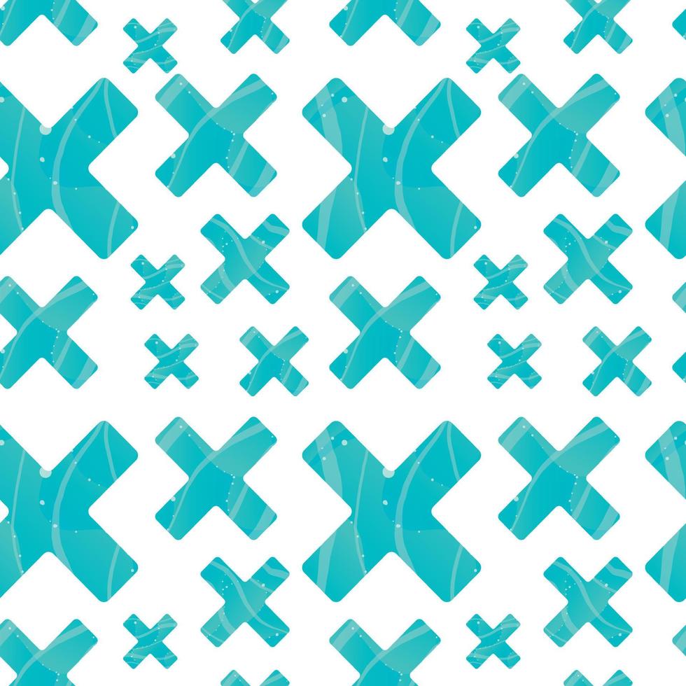Vector seamless abstract pattern with geometric shapes. Blue symmetrical decorated crosses or pluses of different sizes.