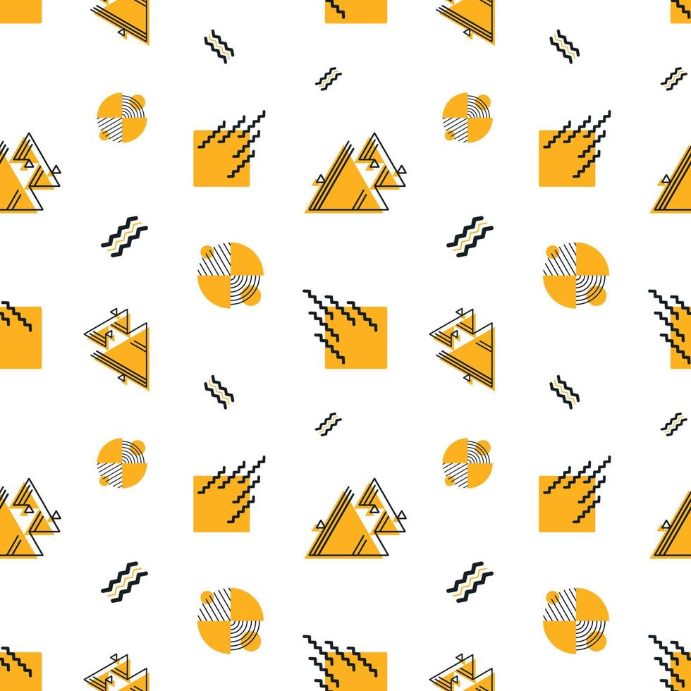 Vector seamless geometric pattern. Abstract shapes and forms as elements of retro design. Background with icons of triangles, parallel lines and zigzags.