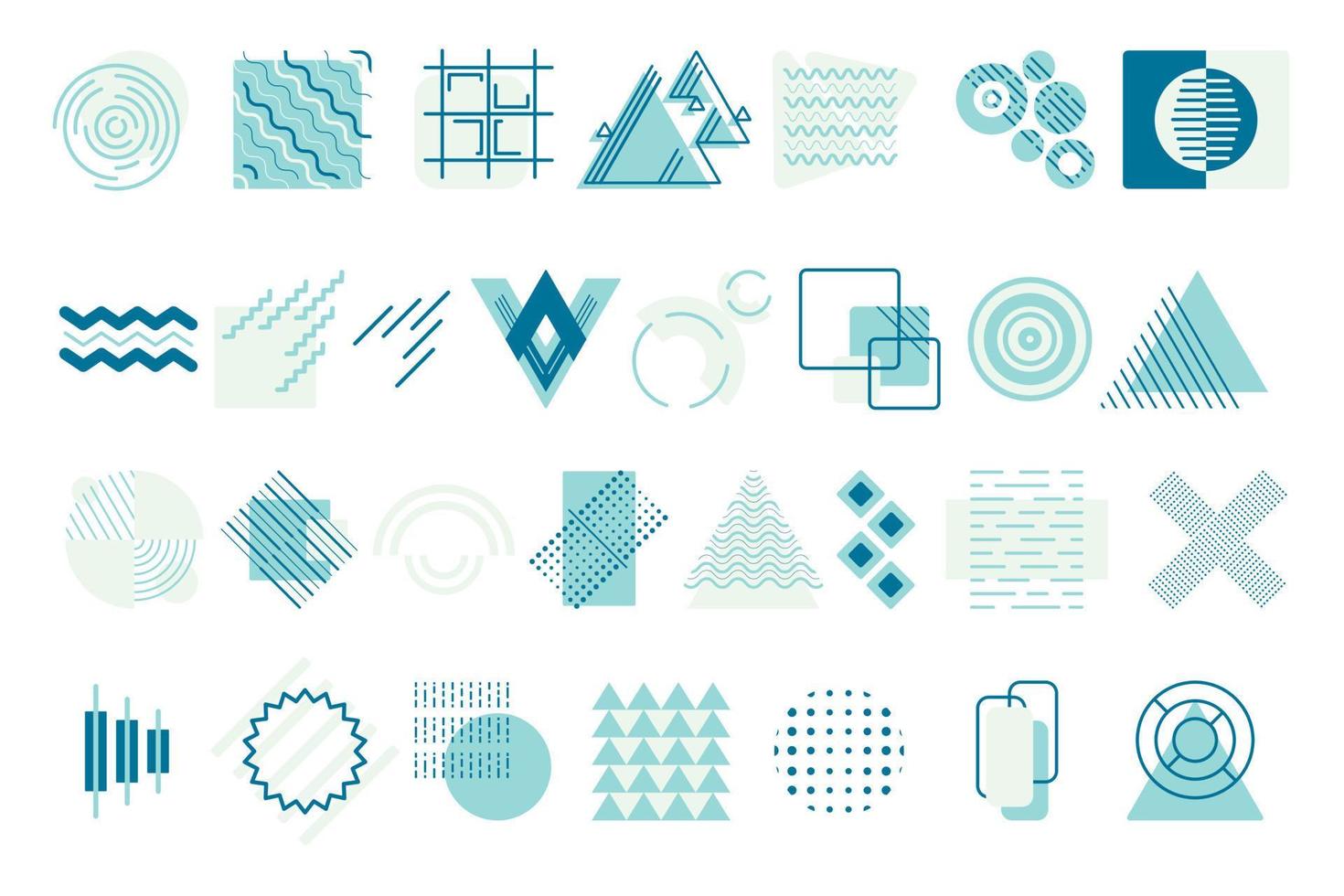 Large isolated vector geometric shapes. Various round, square and triangular abstract forms. Elements of zigzags, lines and dots for the background.