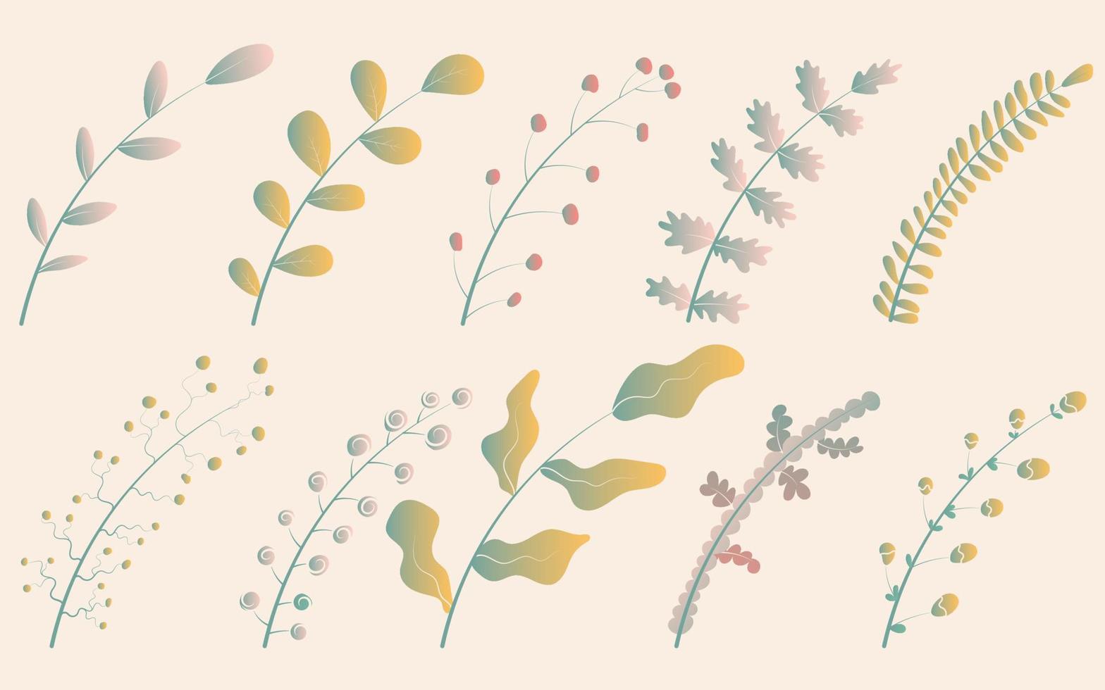 conjunto de ilustraciones vectoriales de lindas ramas degradadas con hojas amarillas y verdes de diferentes formas. vector