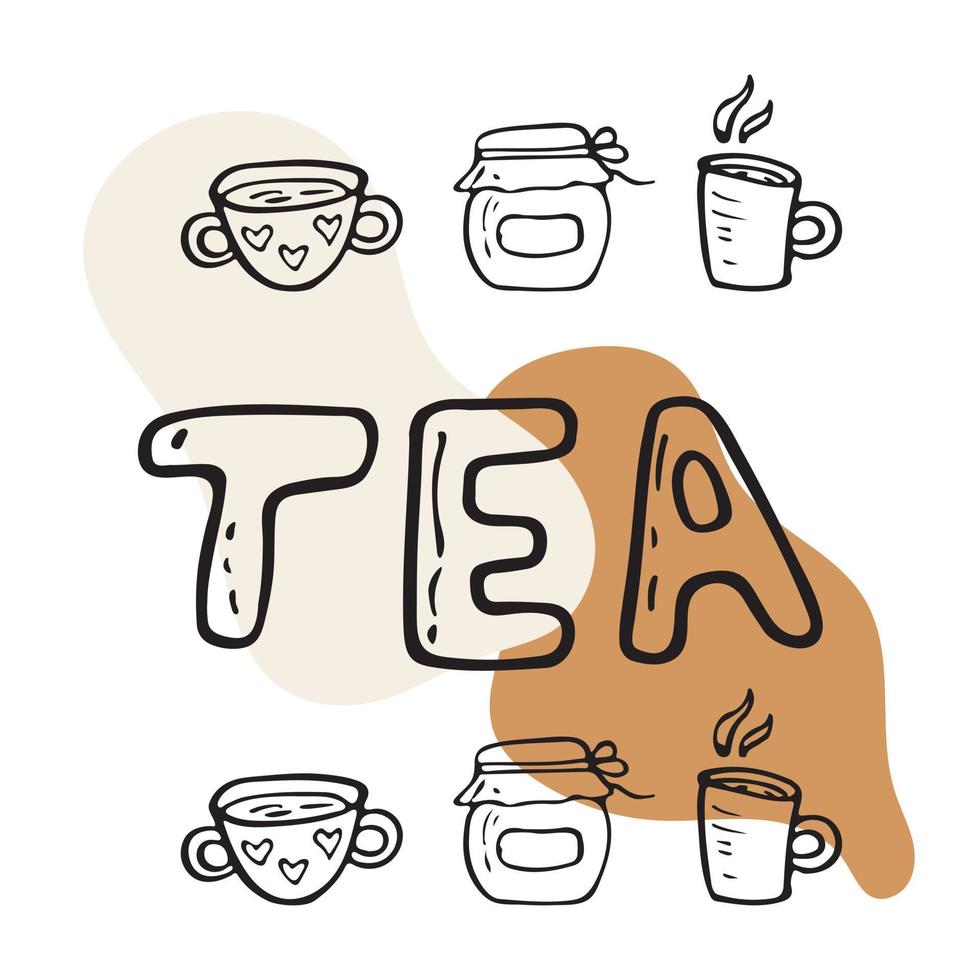 Vector flat illustration tea time with cups of tea and coffee. Doodle objects are cut out.