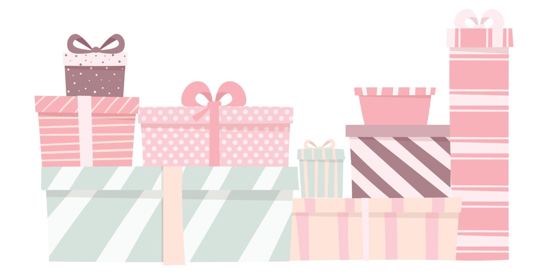 conjunto de ilustración vectorial de lindos regalos de diferentes formas y colores. cajitas con lazos de delicados colores. decoraciones de dibujos animados para el fondo festivo. vector