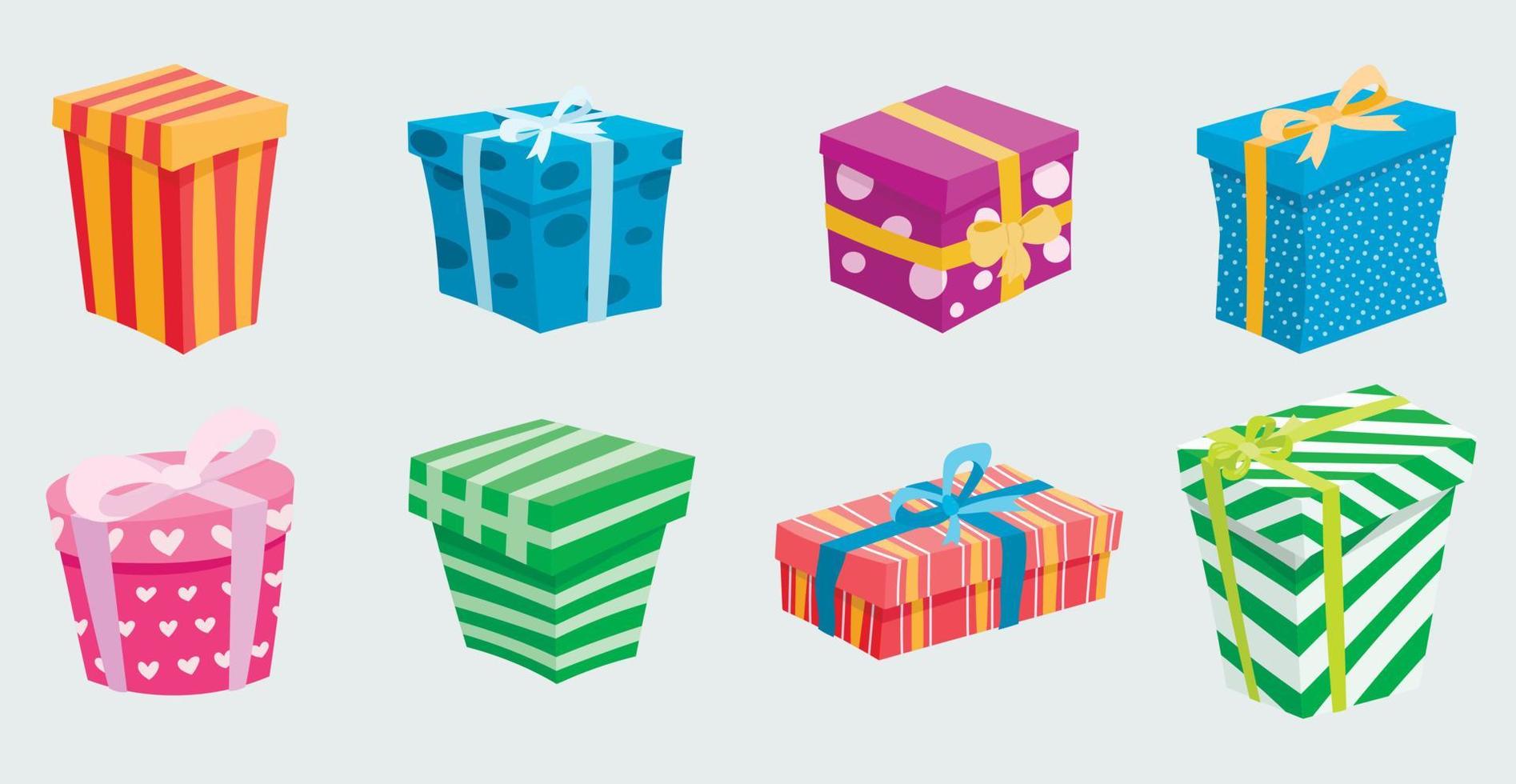 Vector illustration set of cute gifts of different shapes and colors. Boxes with bows of bright colors. Cartoon decorations for the festive background.