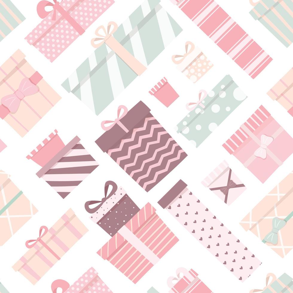 Vector illustration of a seamless pattern of cute gifts of different shapes and colors. Boxes with bows of delicate colors. Cartoon decorations for the festive background.