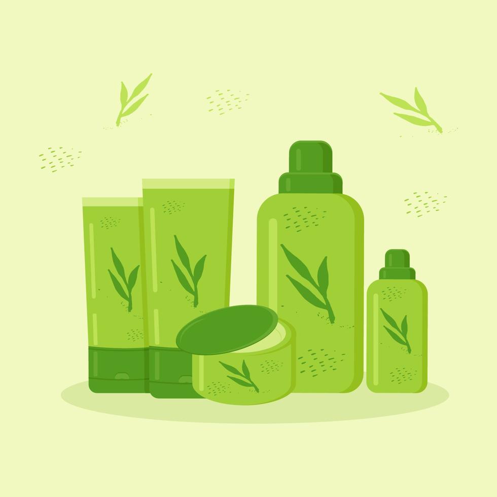 bottles and tubes with cosmetics isolated is decorated with plants in green vector