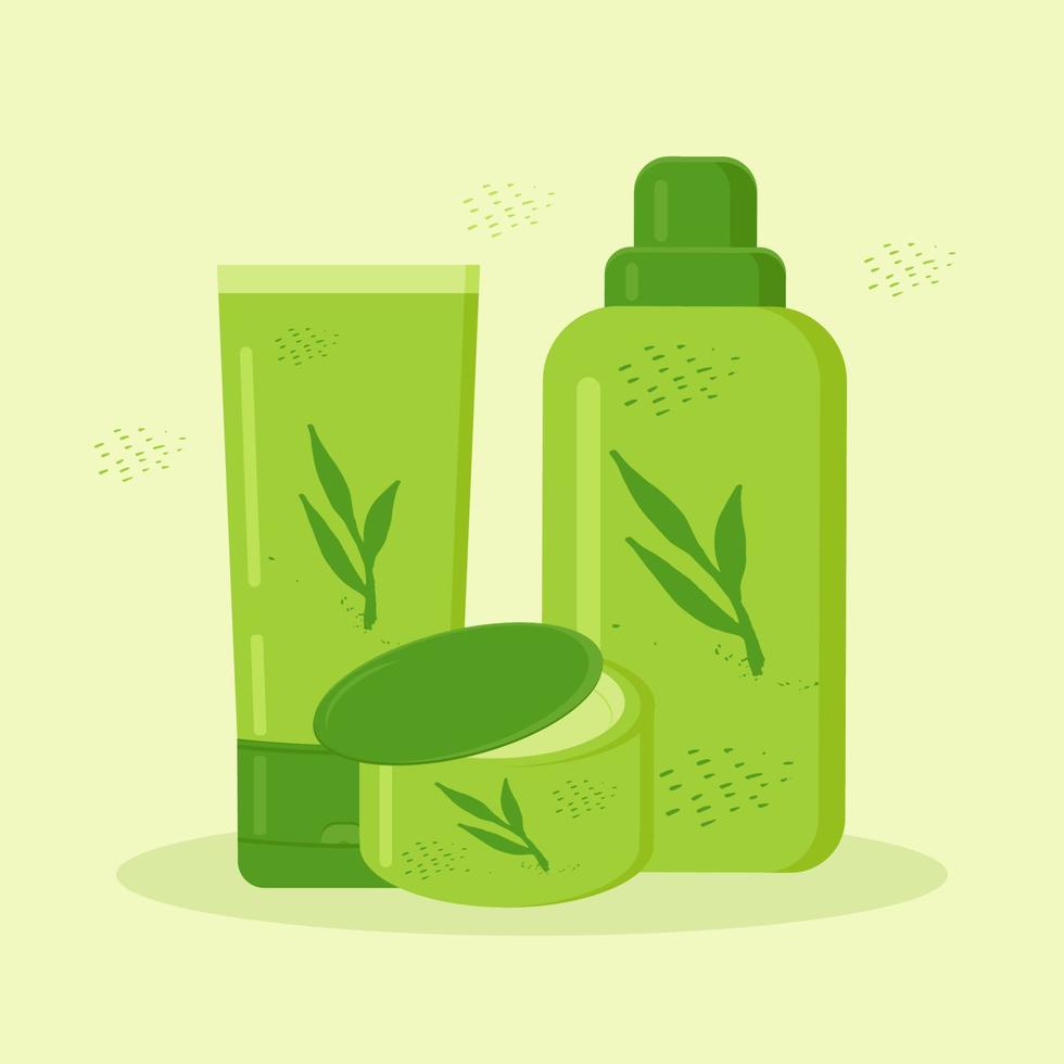 bottles and tubes and jar with cosmetics is decorated with plants in green vector