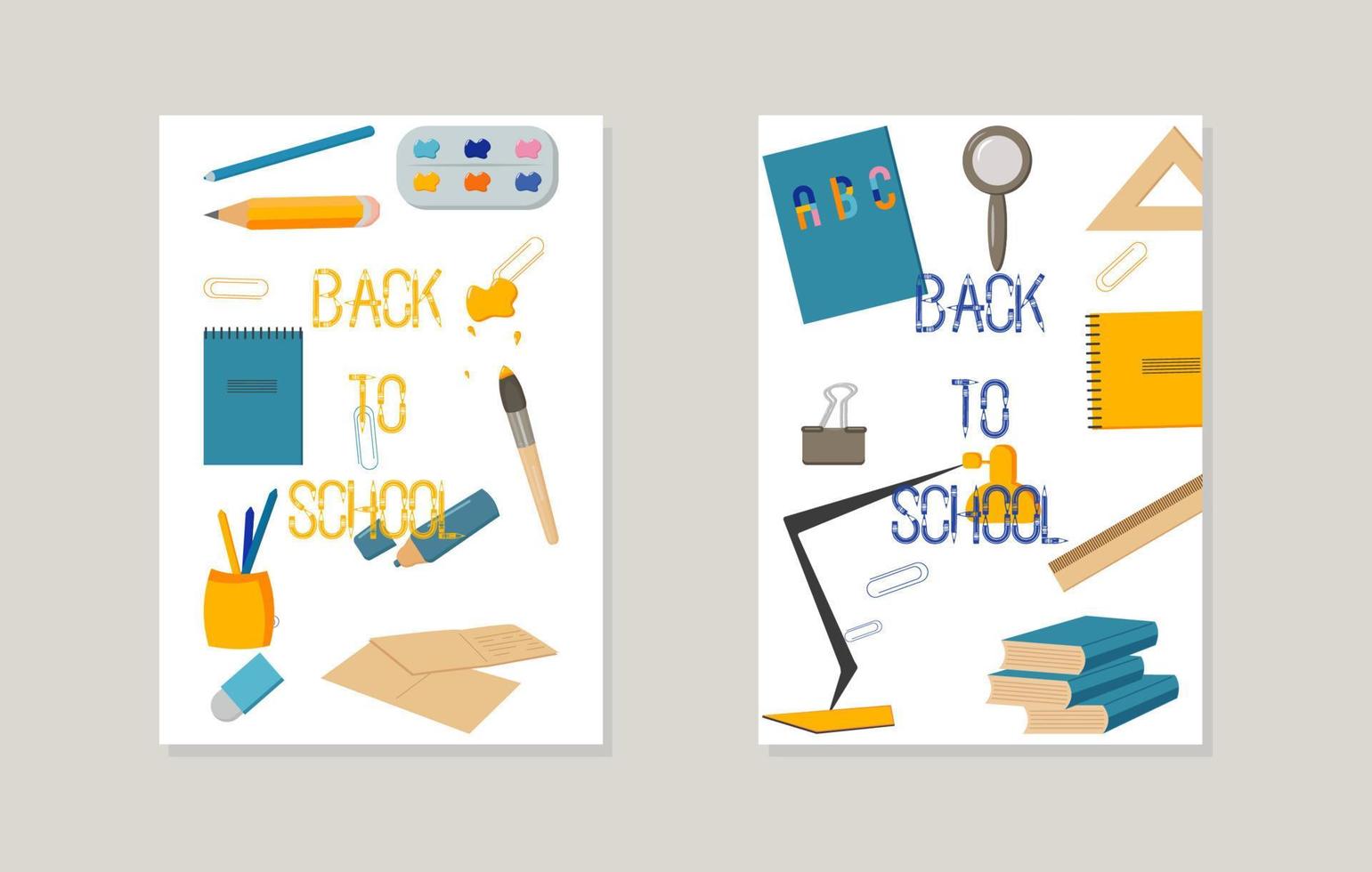 two layouts with the inscription back to school pencils paints notebooks textbooks lamp triangle eraser vector