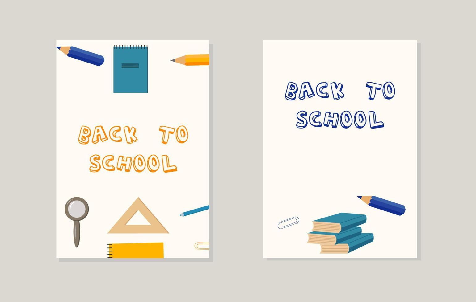 two layouts with the inscription back to school pencil ruler paper clips magnifier notebook vector