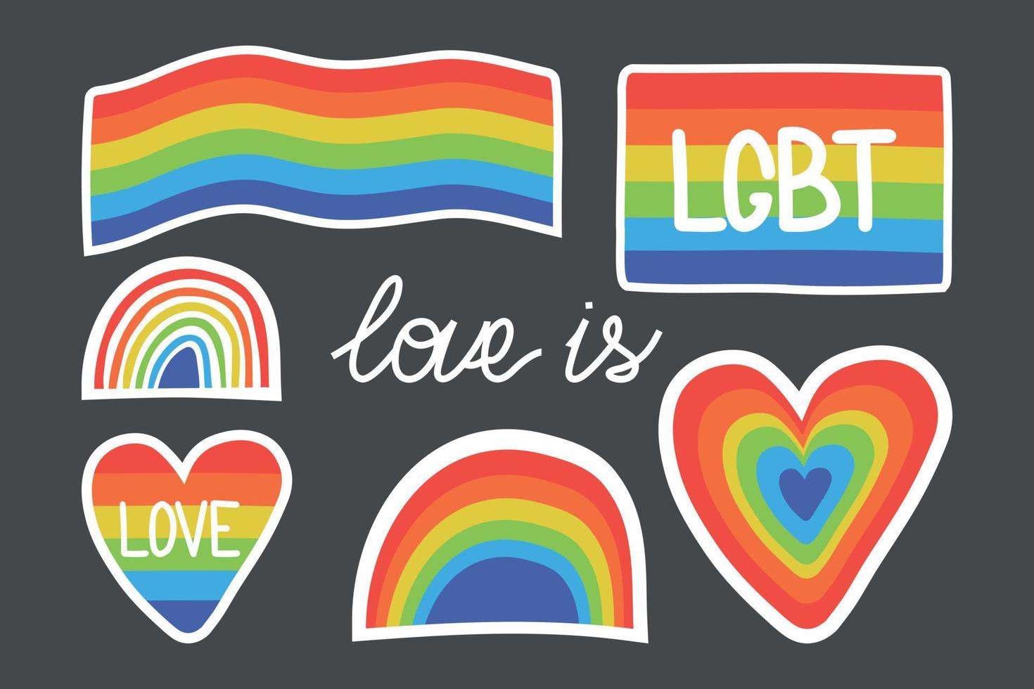 conjunto vectorial de iconos y símbolos del arco iris lgbt. rayas en chaquetas, pegatinas, insignias, impresión en bolsas. dibujo a mano en forma de corazón de arco iris, texto de letras lgbt, feliz día del orgullo, imanes de nevera. vector