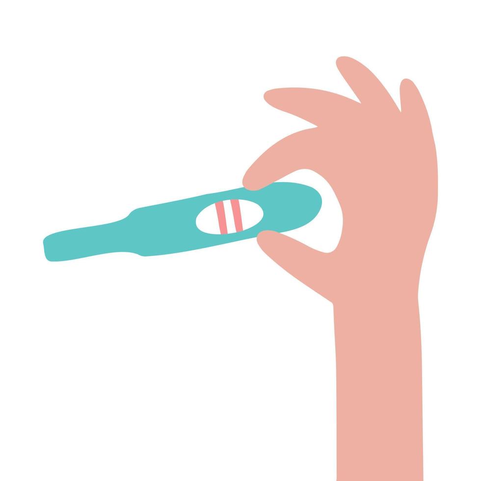 The hand conducts a pregnancy test with a positive result in the form of two lines. Child planning, motherhood and health concepts. Flat vector illustration for a poster with text.