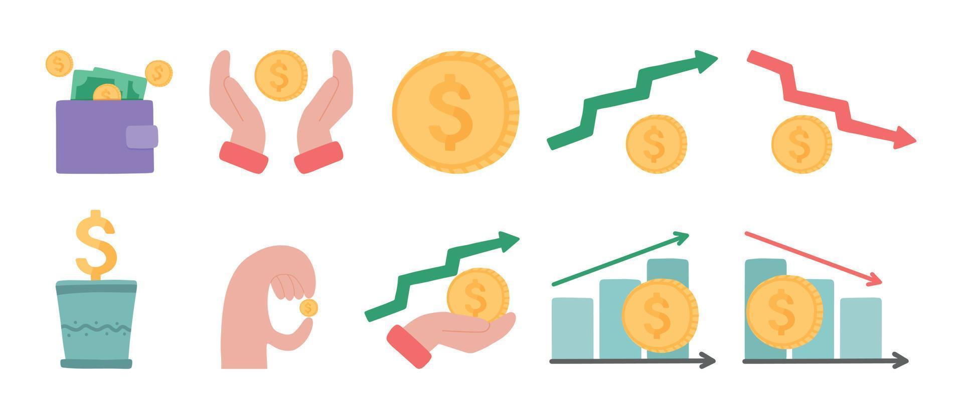 Money, finance, bank outlines icon collection. Money icons are a set of vector illustrations. Coins, wallet, rise and fall.