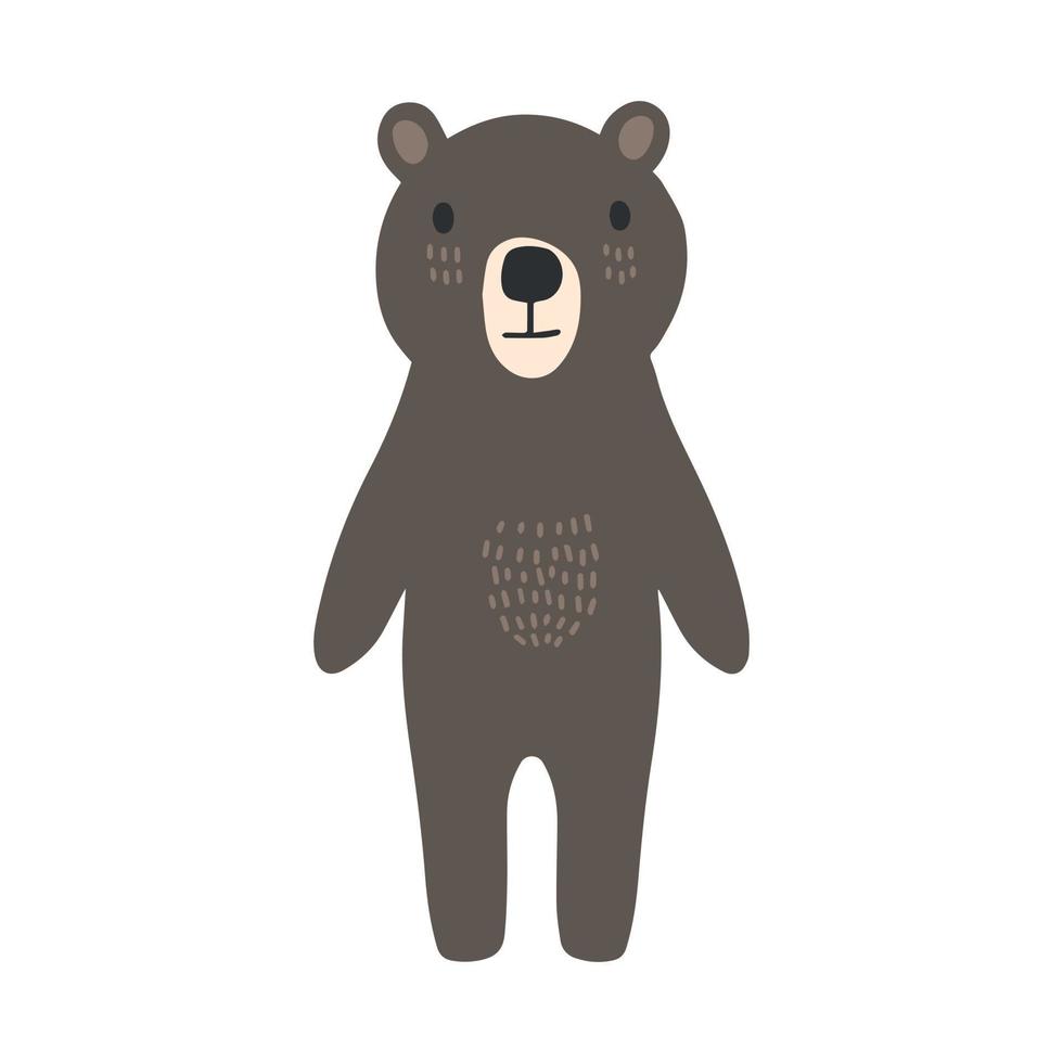 Hand drawn vector illustration of a cute funny bear. Isolated objects on white background. Scandinavian style design. Concept nursery print.
