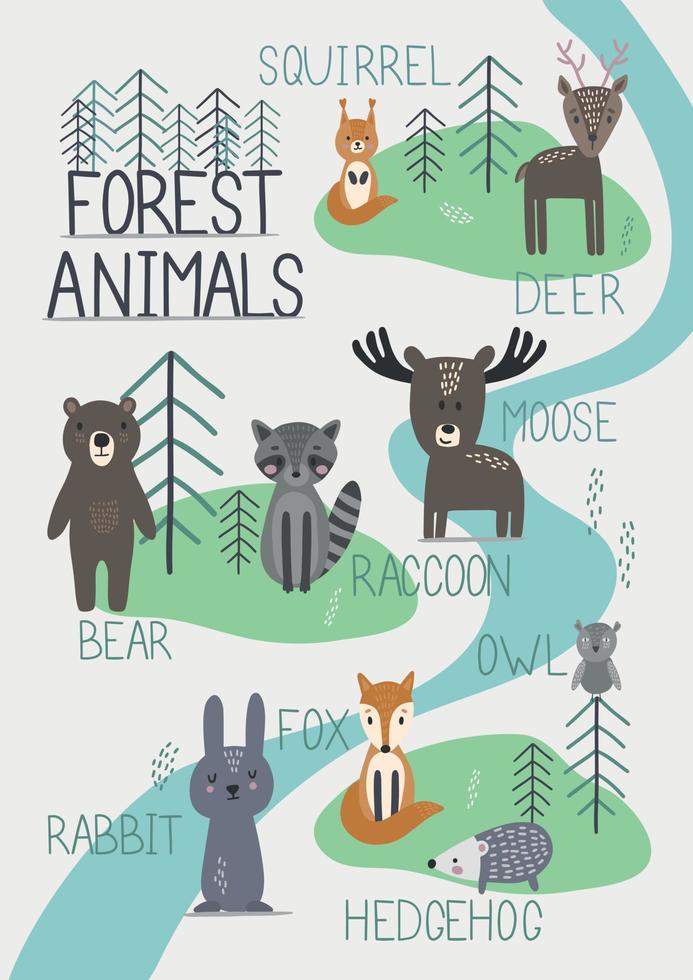 lindo poster de zoológico vectorial con animales del bosque en estilo escandinavo. vector