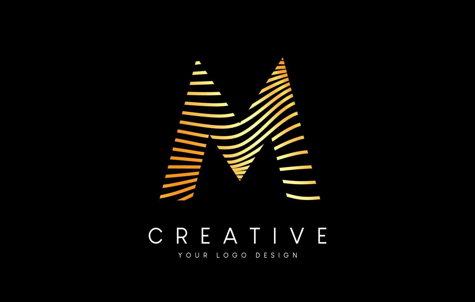 Warp Zebra Lines Letter M logo Design with Golden Lines and Creative Icon Vector