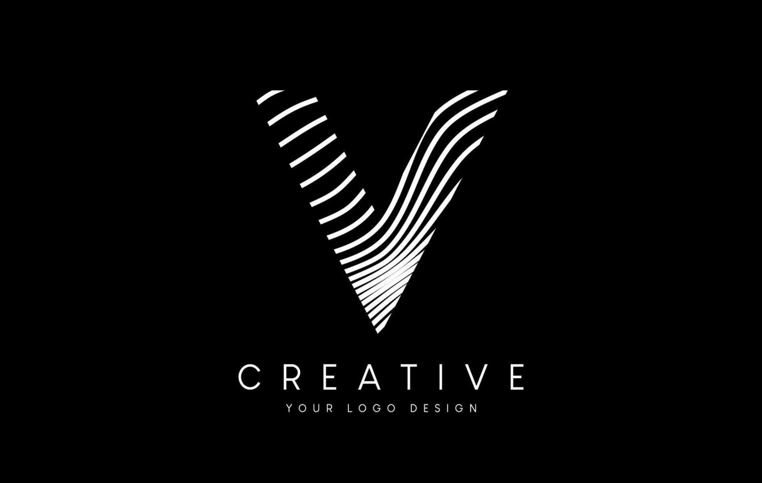 Warp Zebra Lines Letter V logo Design with Black and White Lines and Creative Icon Vector