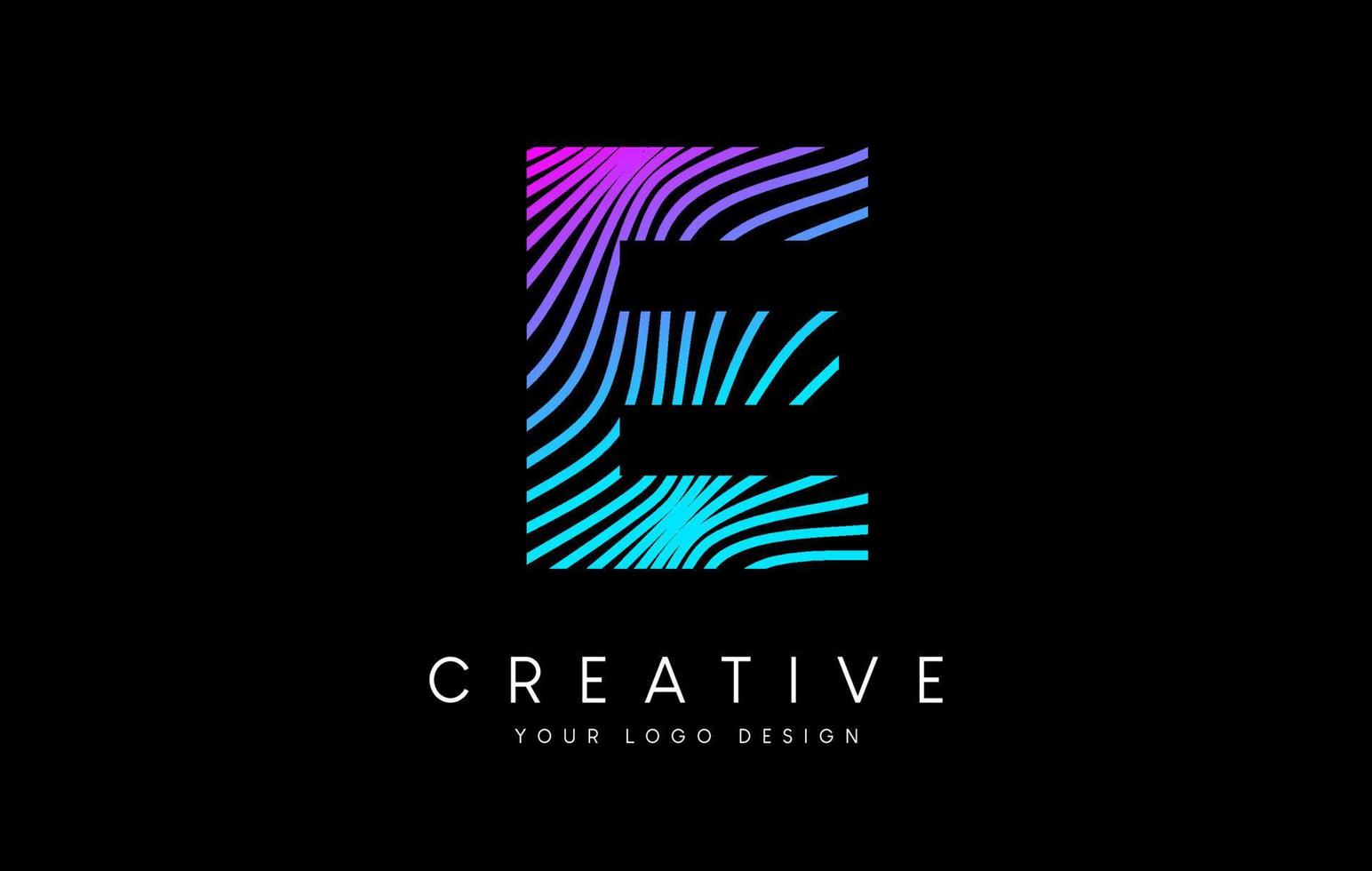 Warp Zebra Lines Letter E logo Design with Neon Purple Lines and Creative Icon Vector