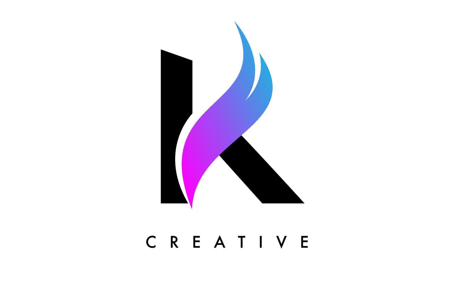diseño de icono de logotipo de letra k con swoosh púrpura y vector de forma de corte curvo creativo