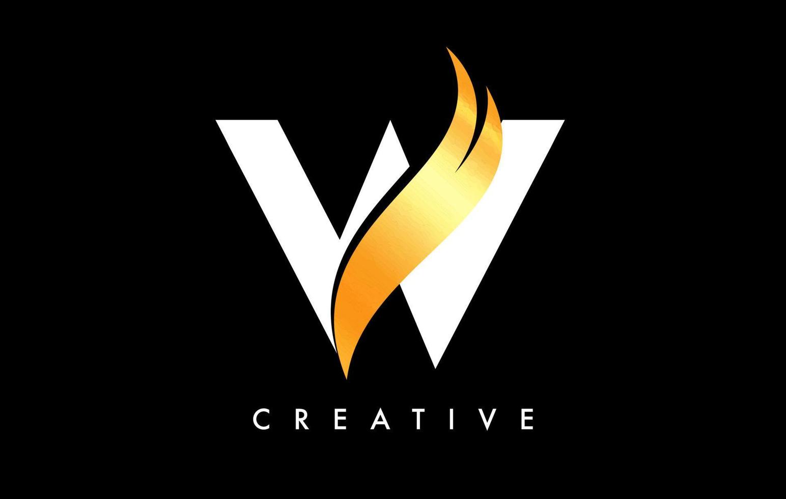 diseño de icono de logotipo de letra w con swoosh dorado y vector de forma de corte curvo creativo
