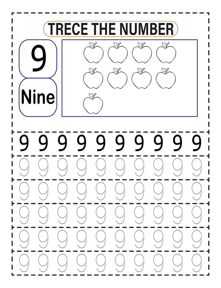 Trace the number for Preschool or Kindergarten kids to improve basic writing skills vector