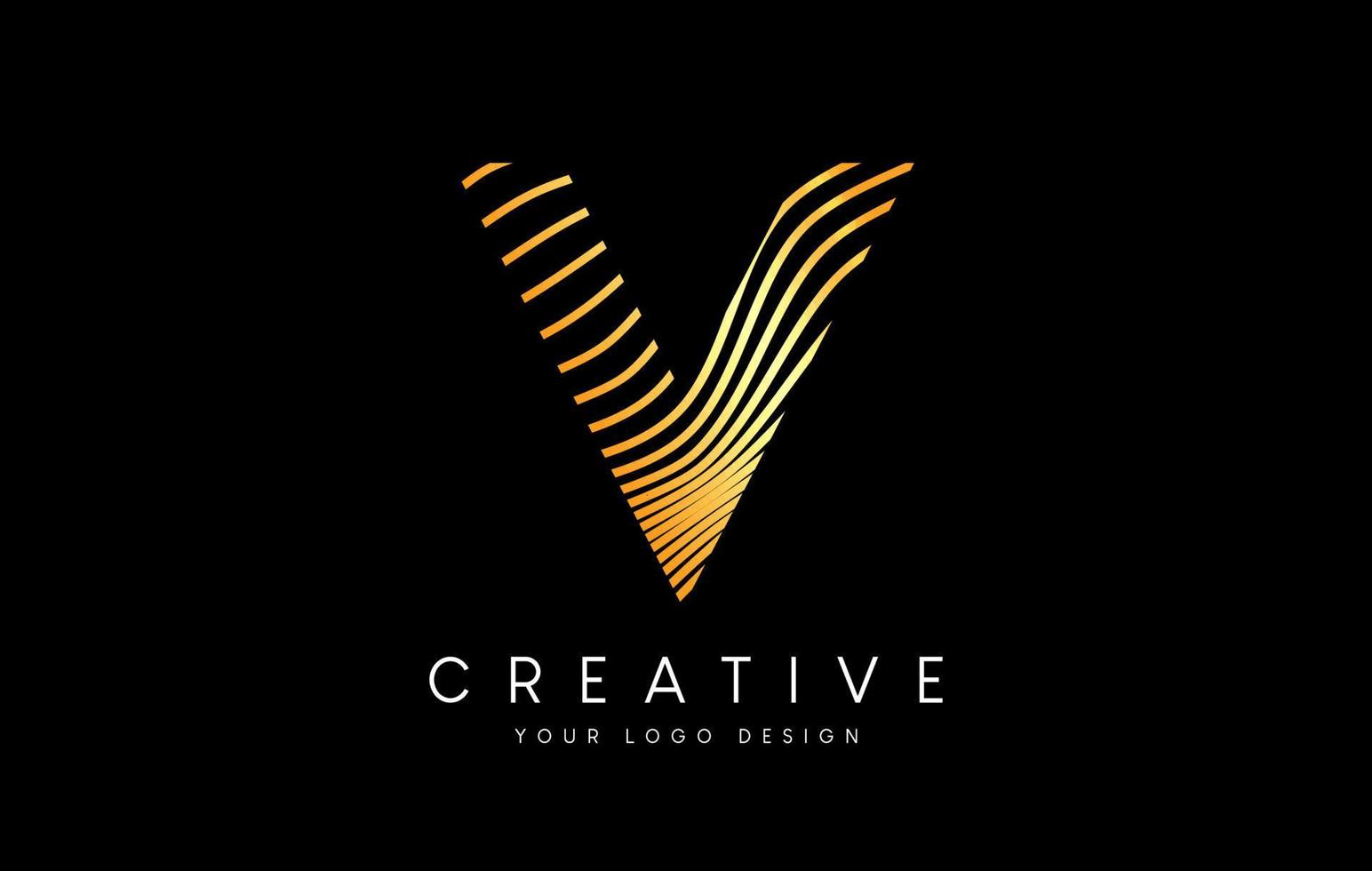 Warp Zebra Lines Letter V logo Design with Golden Lines and Creative Icon Vector