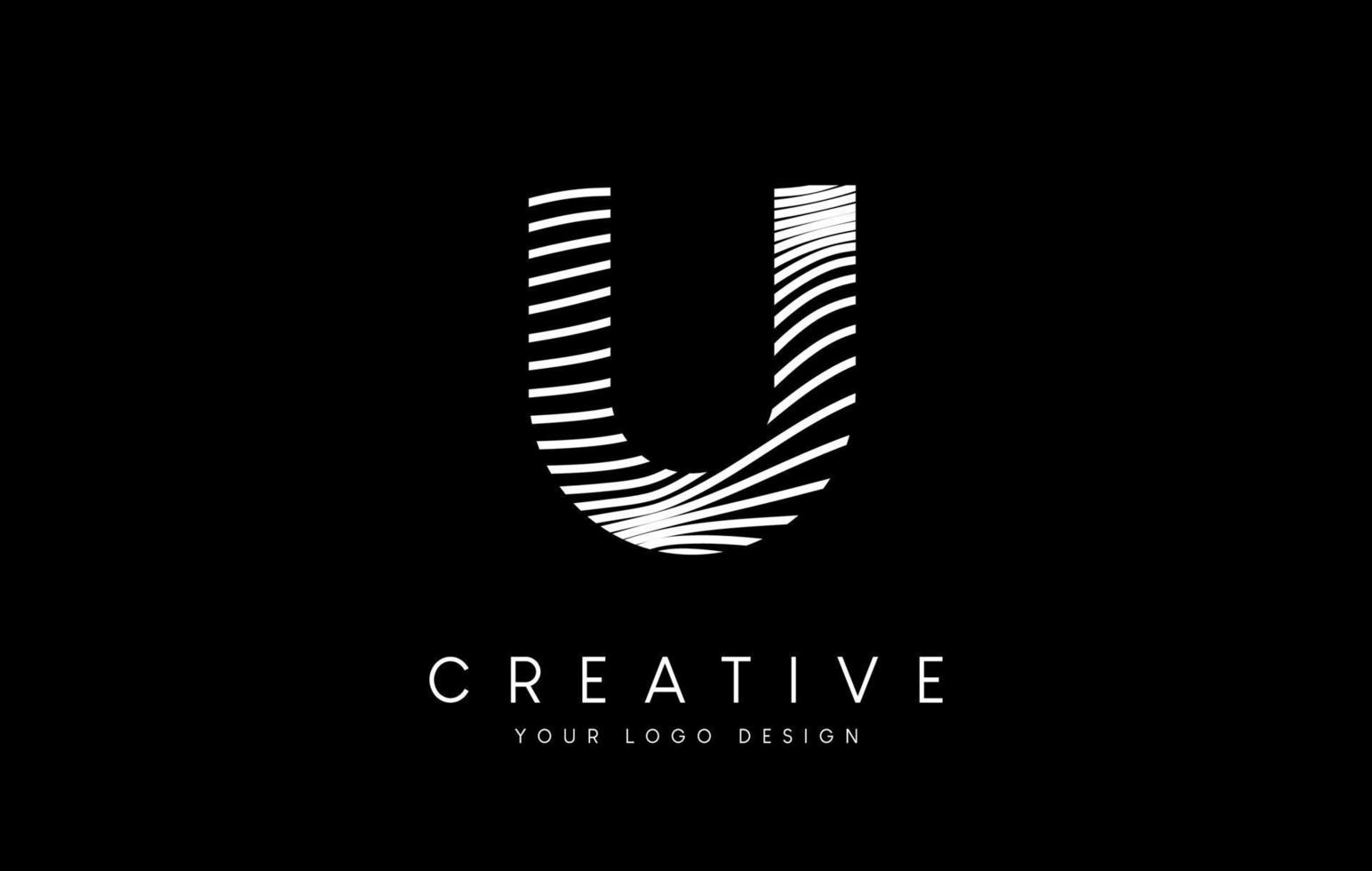 Warp Zebra Lines Letter U logo Design with Black and White Lines and Creative Icon Vector